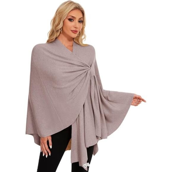 Womens knitted poncho wrap soft warm cross front shawl cape lightweight travel - Picture 7 of 7